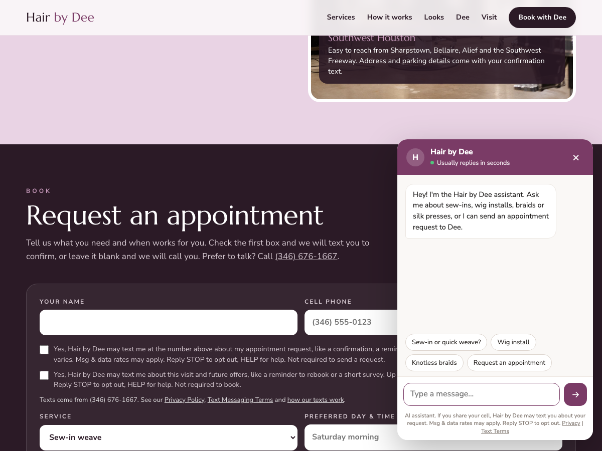 The website chat with the text message note under the message box