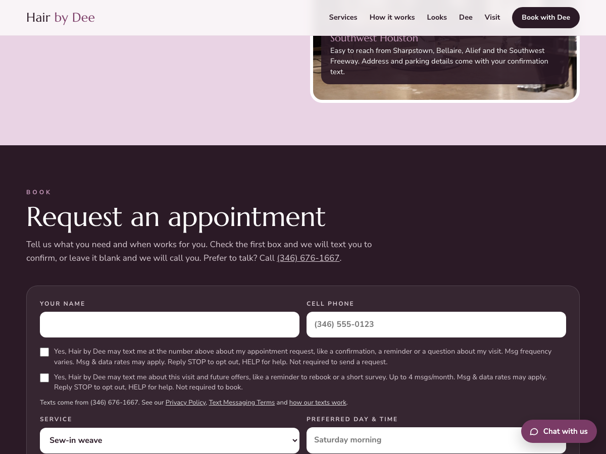The request form with the text message consent box, shown unchecked